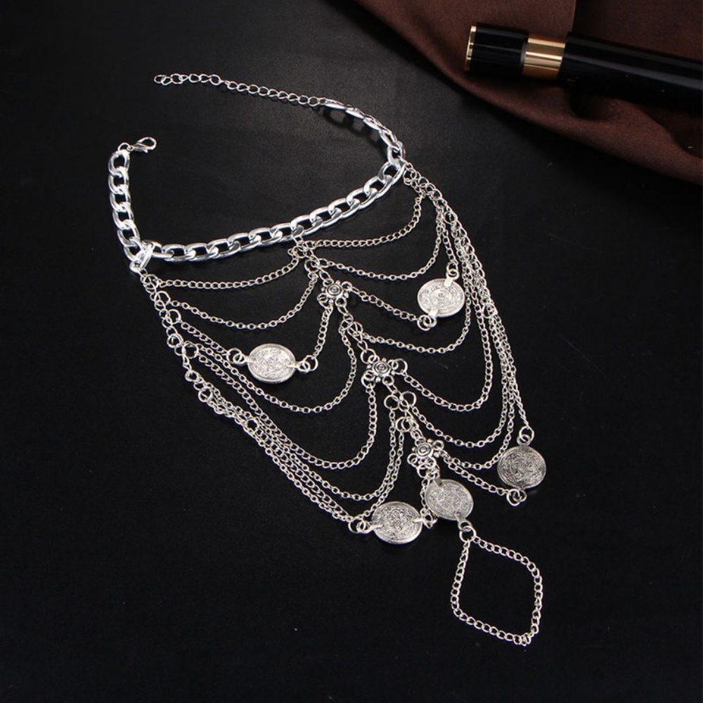 Boho Silver Coin Layered "BareFoot" Sandal Anklet - Picture 2 of 4